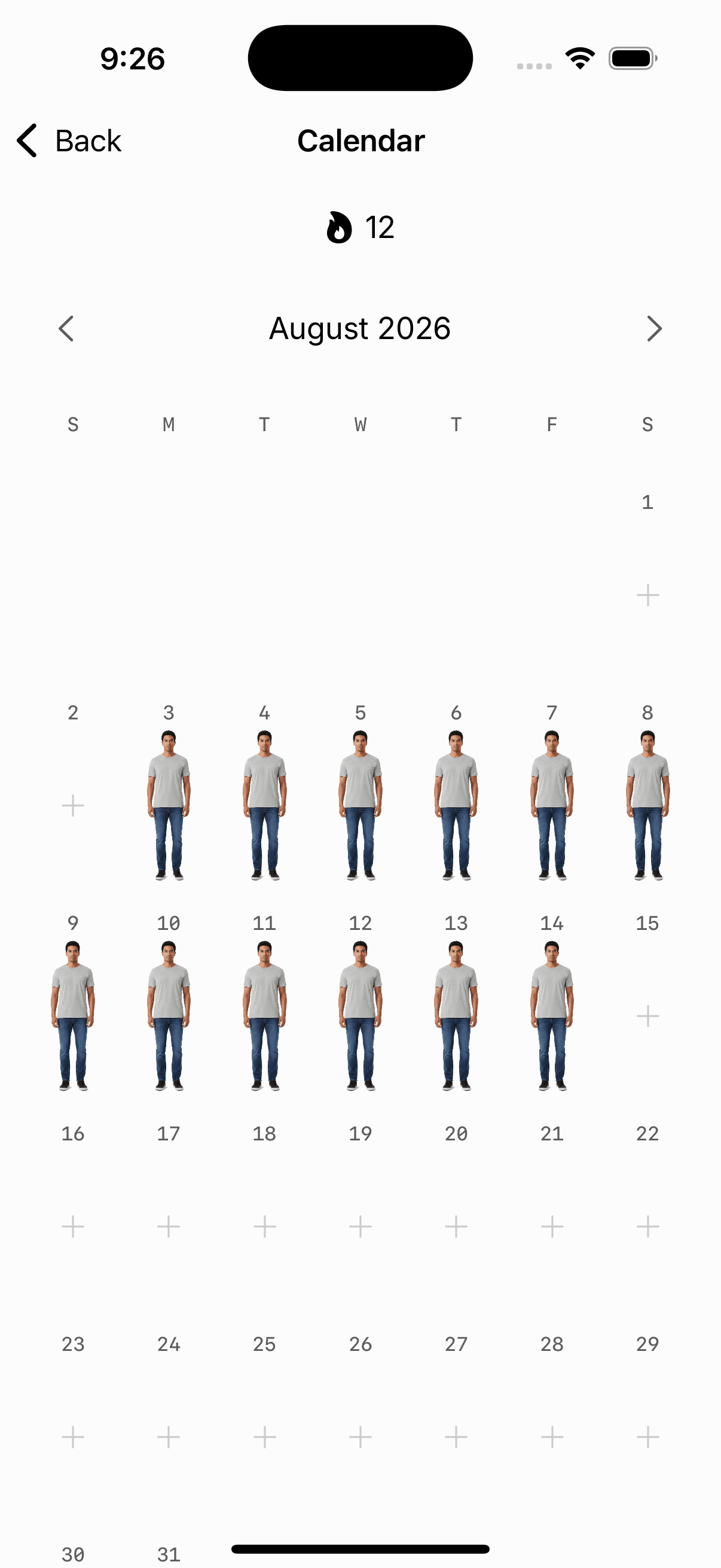 Lapel style calendar for August with a logged outfit on every day and a 12-day streak