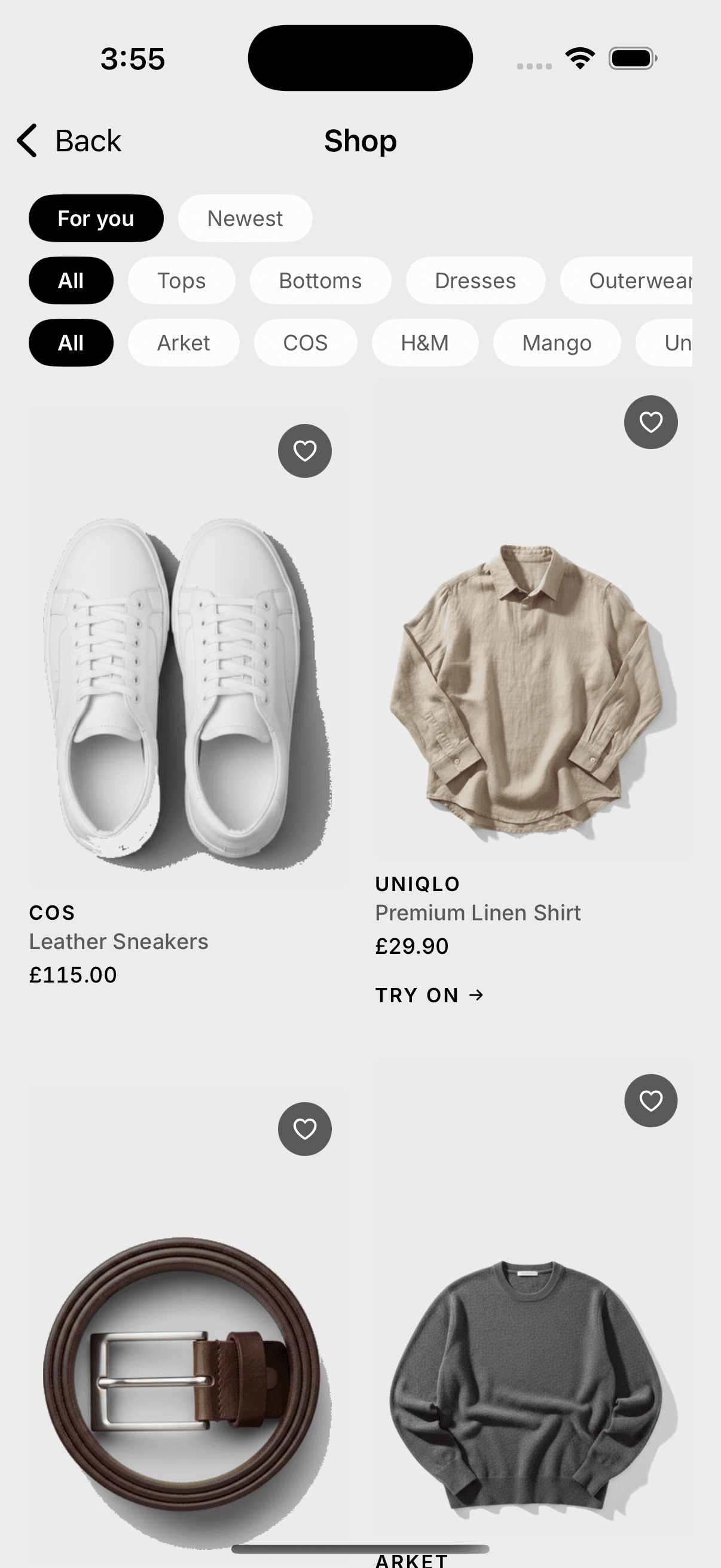 Lapel shop screen: a grid of garments from COS, Uniqlo and Arket with prices and a try-on action on each